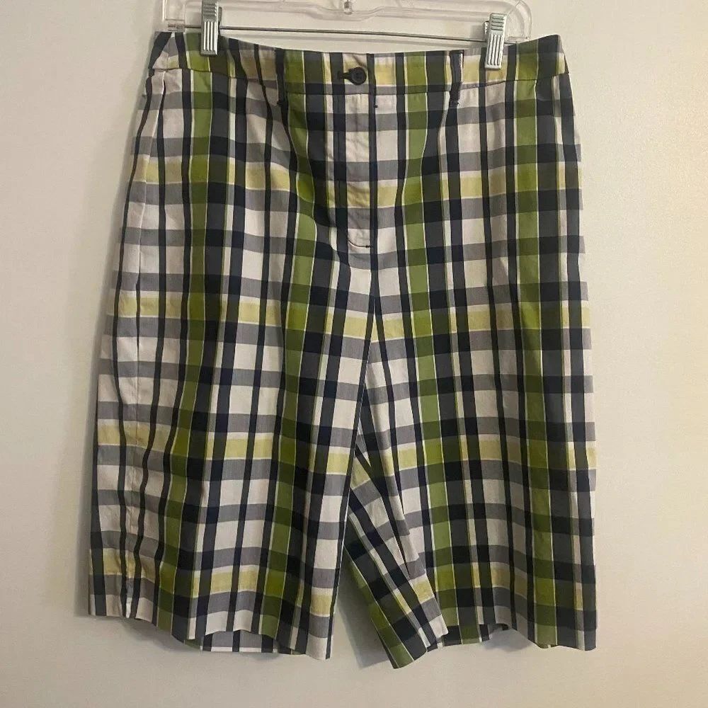 Anne Klein Sport Stretch Blue/Green/Yellow Plaid Bermuda shorts, size 12